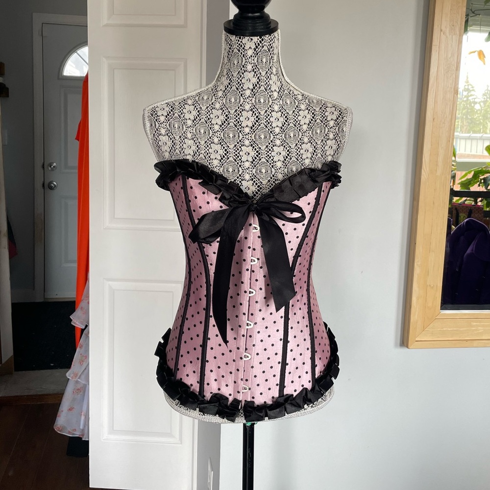 NWT XL Pink Polka Dot Satin Lace Up Corset. Lingerie Fairy Burlesque Coquette